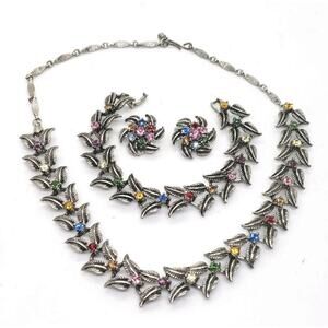 Vintage Necklace Bracelet Earrings Set Silver Leaves Multi Color Rhinestones